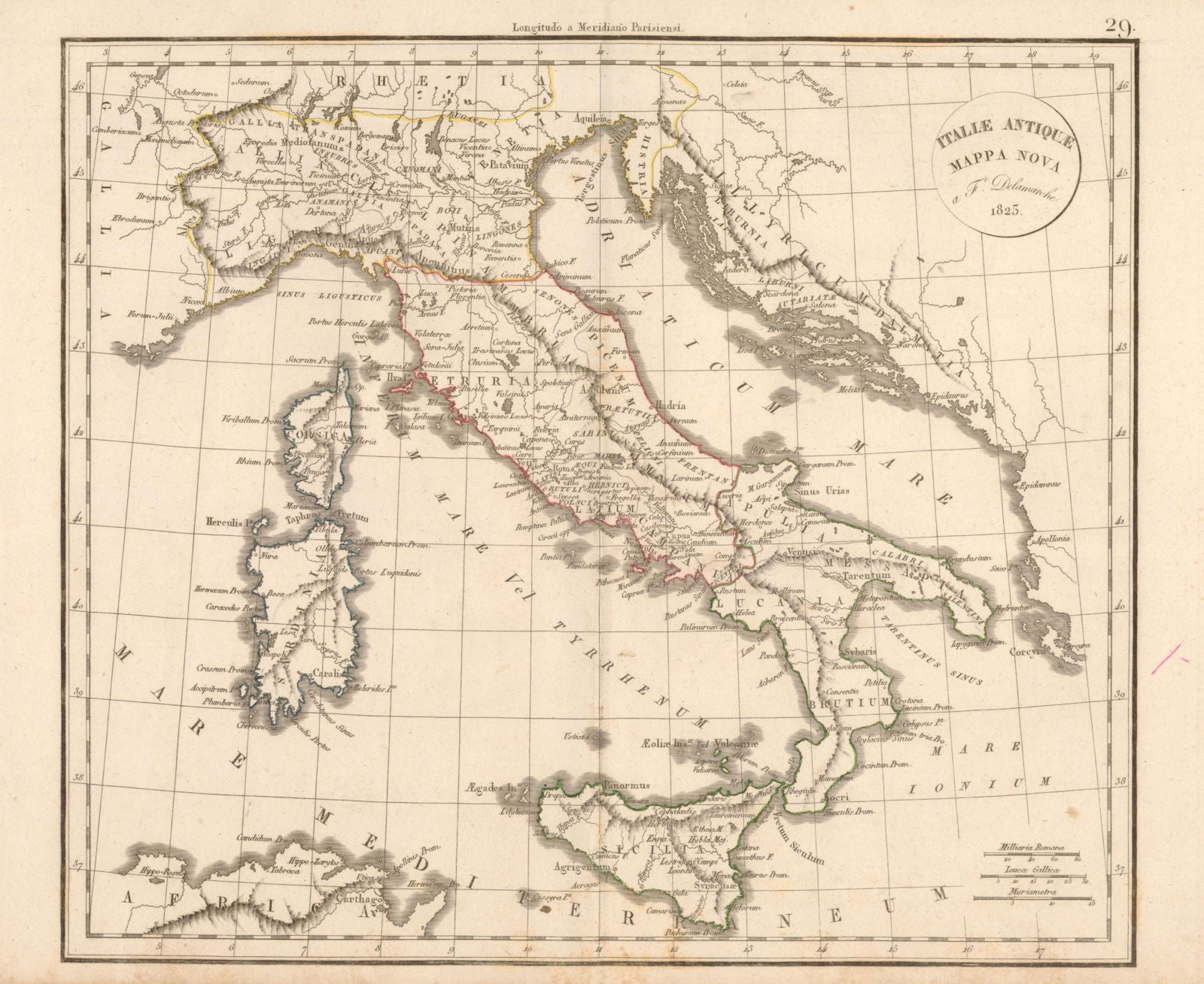 'Italiae Antiquae Mappa Nova' by Felix Delamarche. Ancient Italy 1825 old